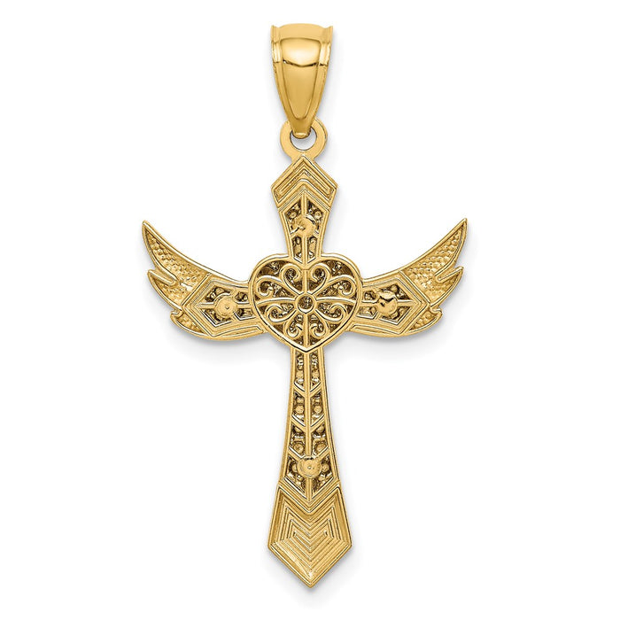 Million Charms 14K Yellow Gold Themed With Rhodium-plated Angel Wing Relgious Cross Pendant