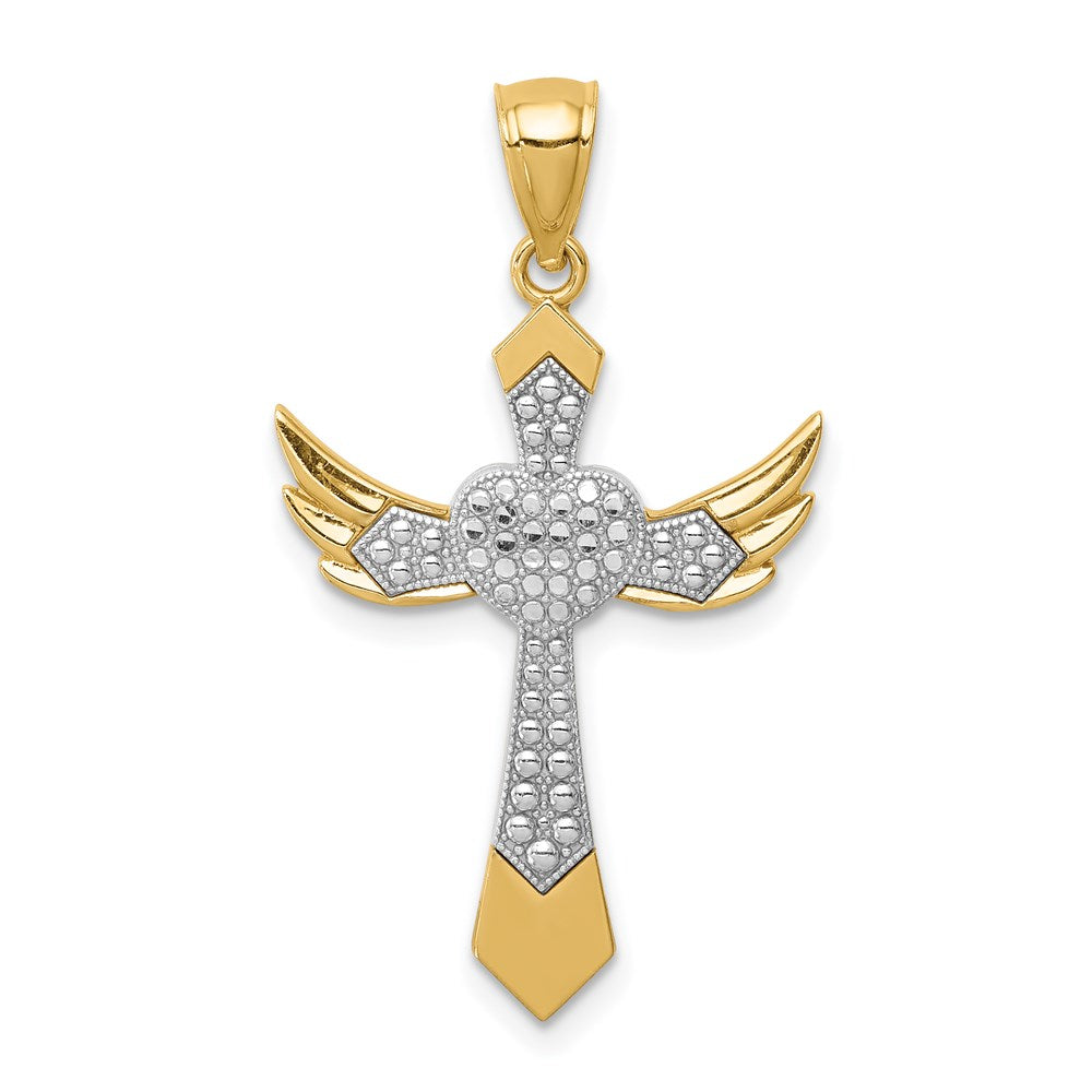 Million Charms 14K Yellow Gold Themed With Rhodium-plated Angel Wing Relgious Cross Pendant