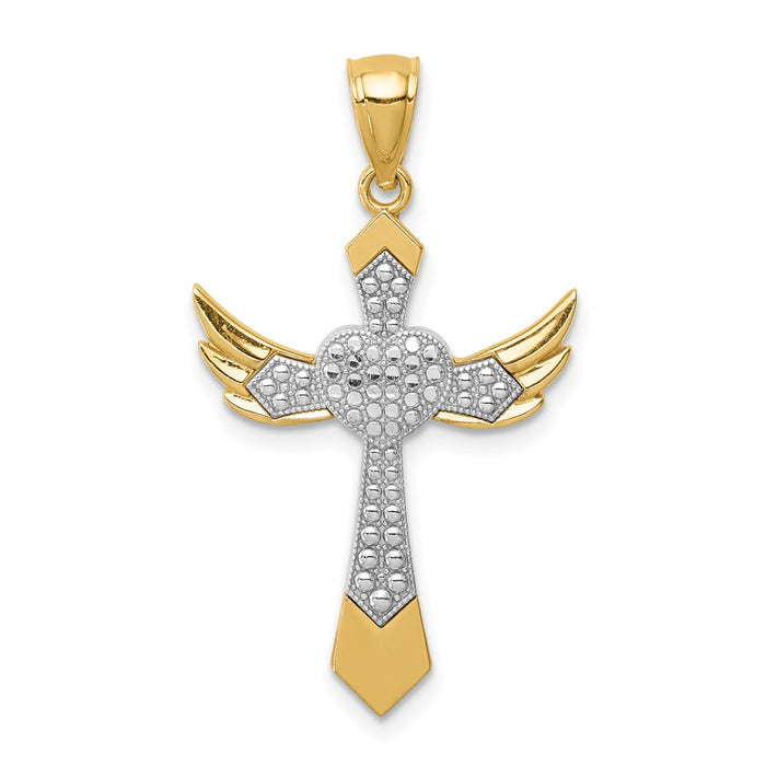 Million Charms 14K Yellow Gold Themed With Rhodium-plated Angel Wing Relgious Cross Pendant
