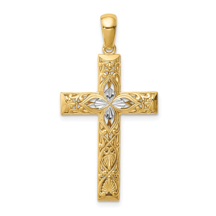 Million Charms 14K Yellow Gold Themed With Rhodium-plated Diamond-Cut Relgious Cross Pendant