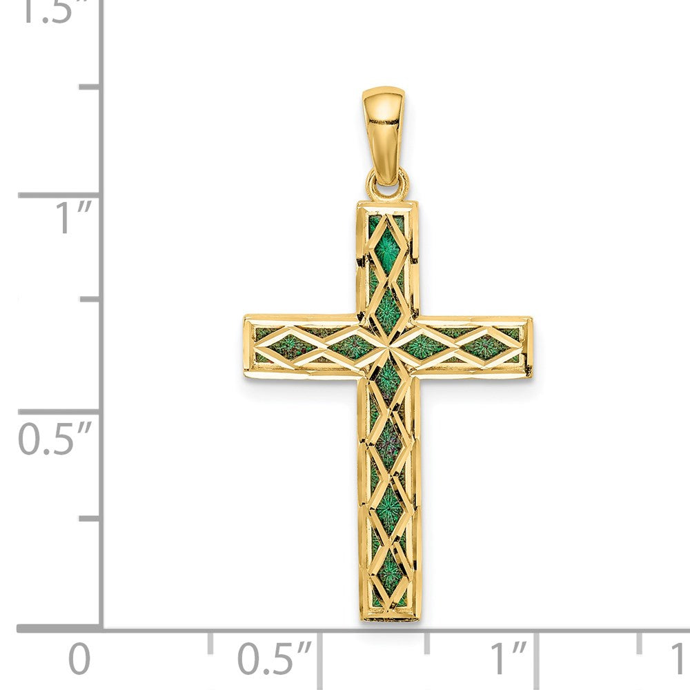 Million Charms 14K Yellow Gold Themed Green Enamel Reversible Relgious Cross Pendant