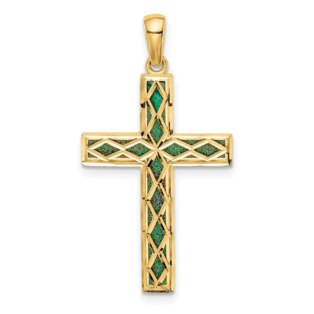 Million Charms 14K Yellow Gold Themed Green Enamel Reversible Relgious Cross Pendant