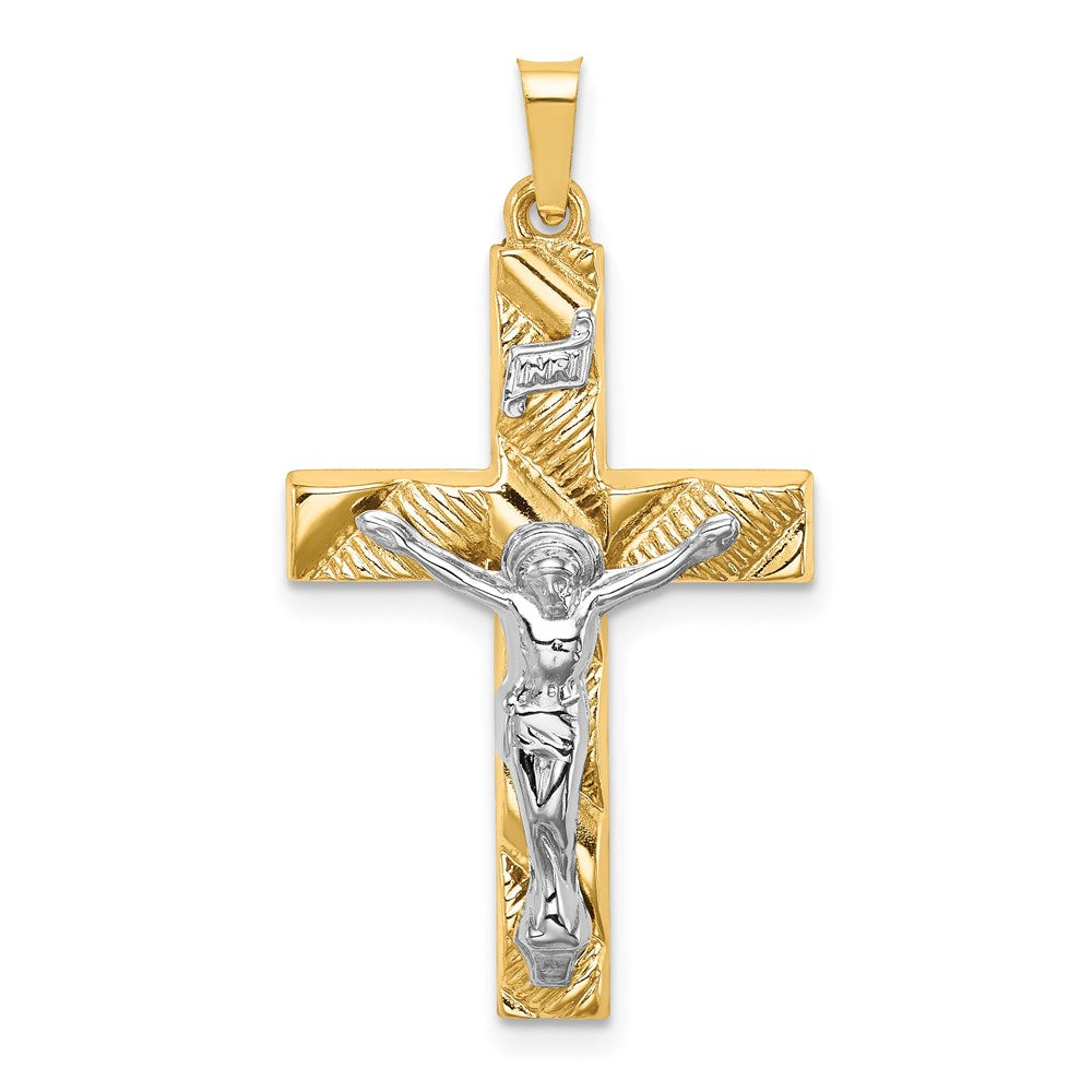 Million Charms 14K Two-Tone Hollow Polished Textured Latin Crucifix