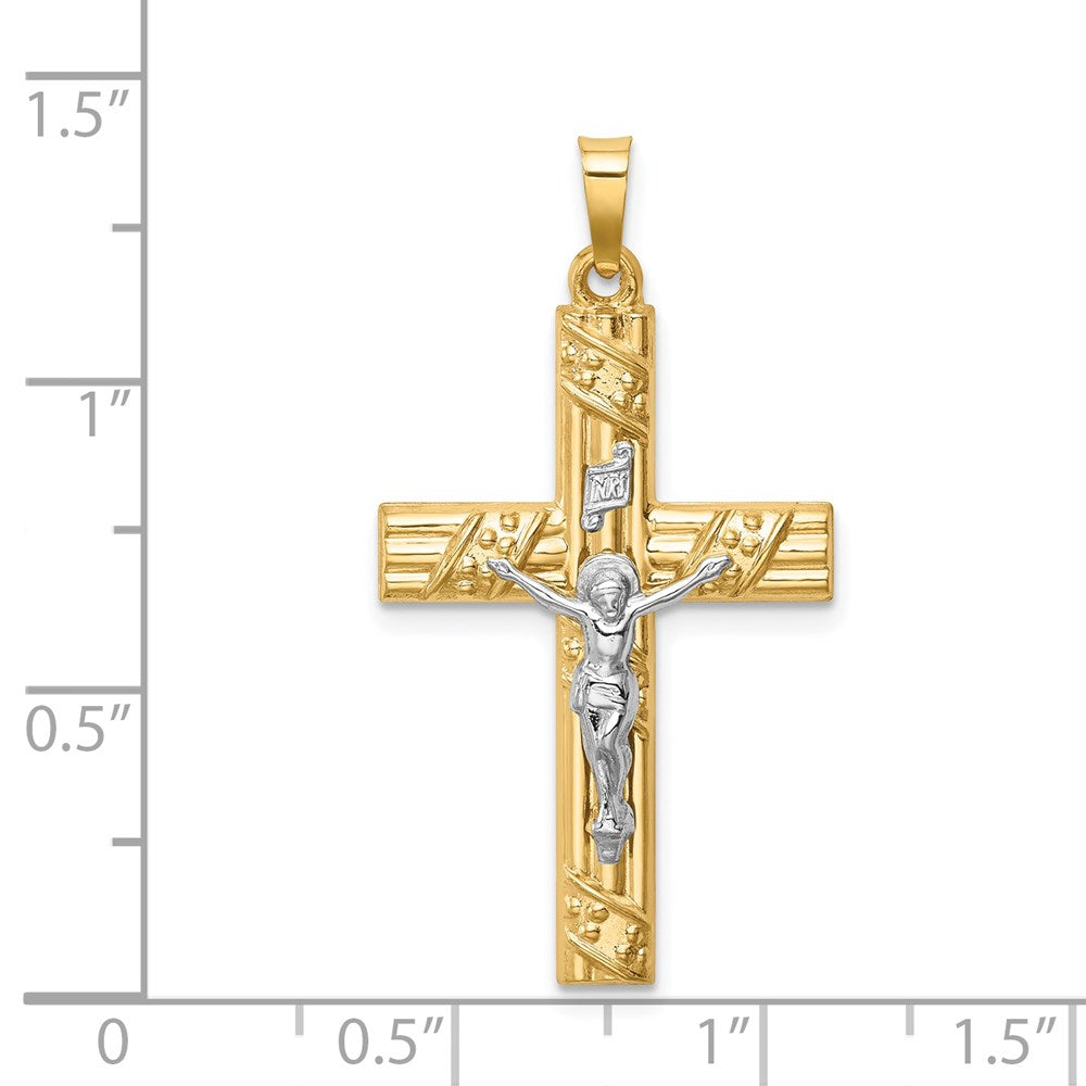 Million Charms 14K Two-Tone Hollow Polished Textured & Striped Latin Crucifix