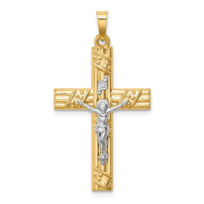 Million Charms 14K Two-Tone Hollow Polished Textured & Striped Latin Crucifix