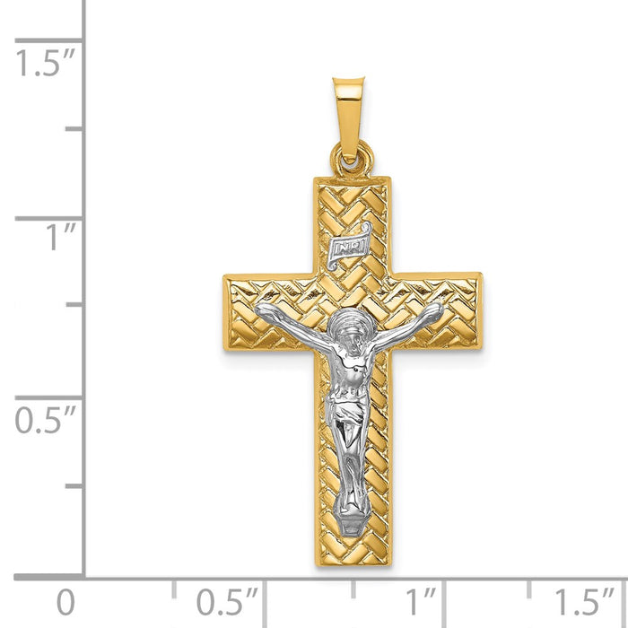 Million Charms 14K Two-Tone Hollow Polished Basketweave Design Latin Crucifix