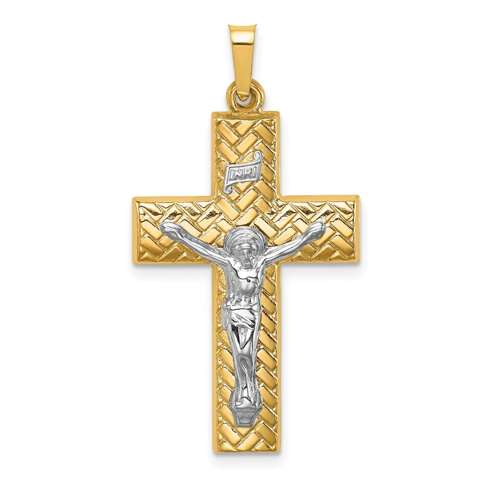 Million Charms 14K Two-Tone Hollow Polished Basketweave Design Latin Crucifix