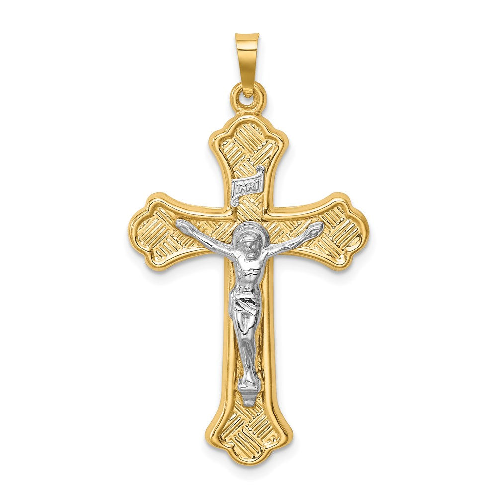 Million Charms 14K Two-Tone Hollow Polished Woven Fleur De Lis Crucifix
