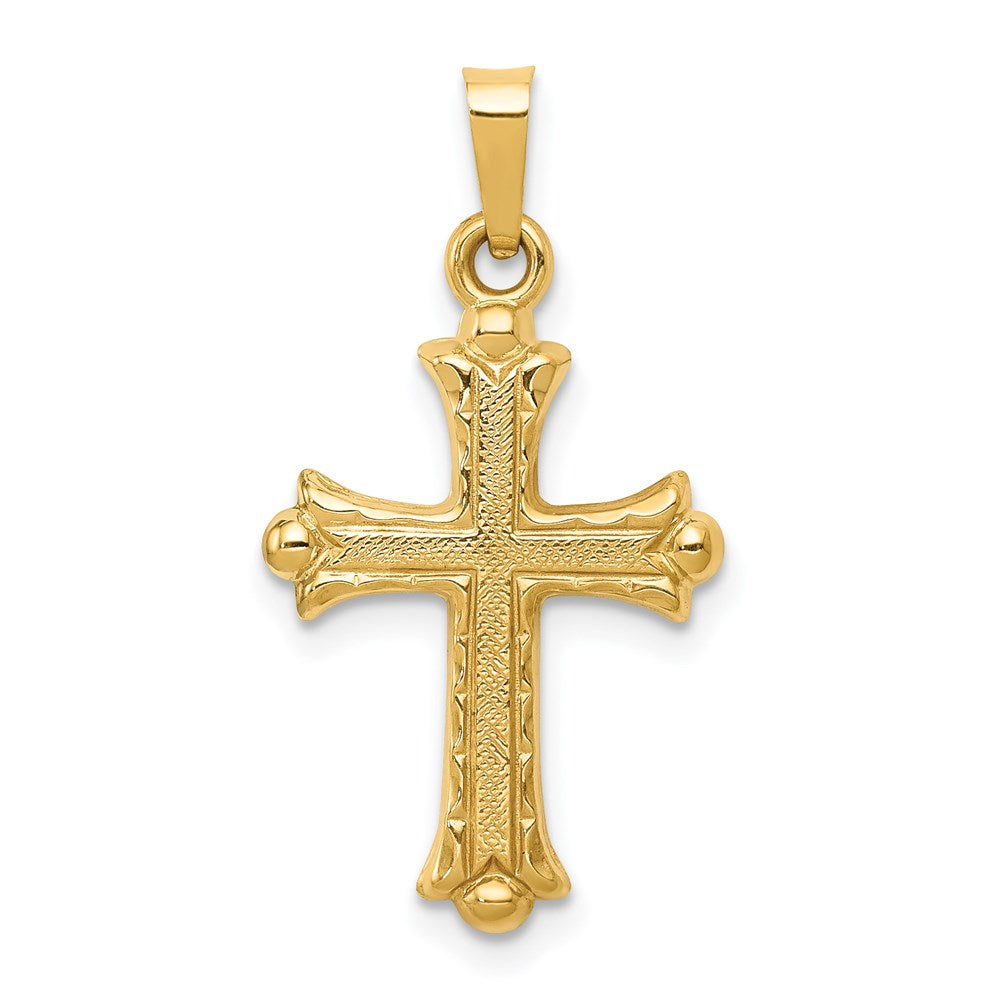Million Charms 14K Yellow Gold Themed Hollow Fleur De Lis Relgious Cross Pendant