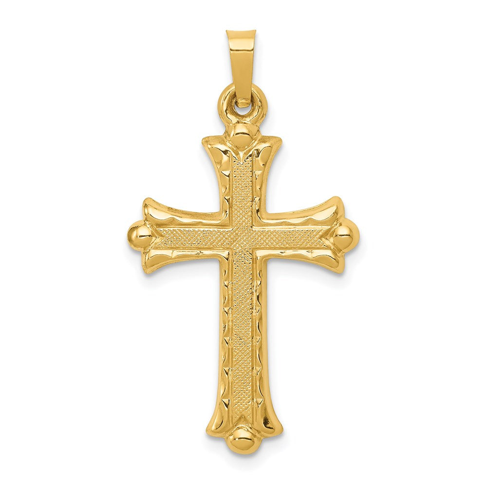 Million Charms 14K Yellow Gold Themed Hollow Fleur De Lis Relgious Cross Pendant