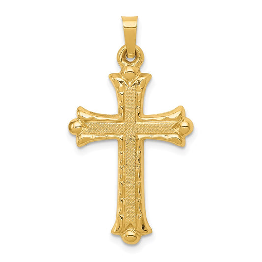 Million Charms 14K Yellow Gold Themed Hollow Fleur De Lis Relgious Cross Pendant