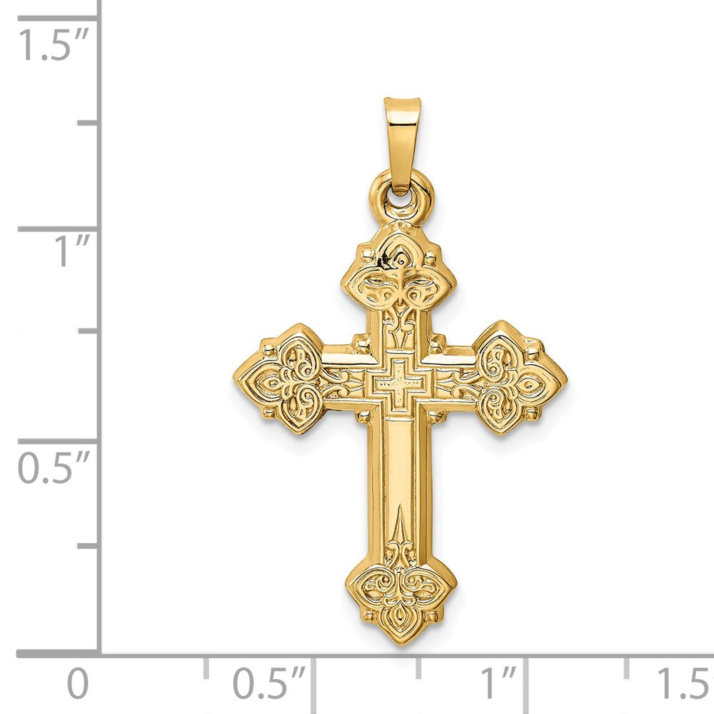 Million Charms 14K Yellow Gold Themed Budded Hollow Relgious Cross Pendant