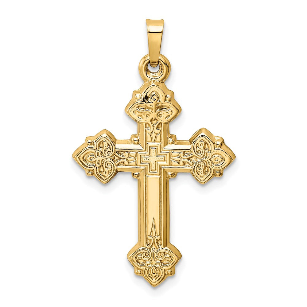 Million Charms 14K Yellow Gold Themed Budded Hollow Relgious Cross Pendant