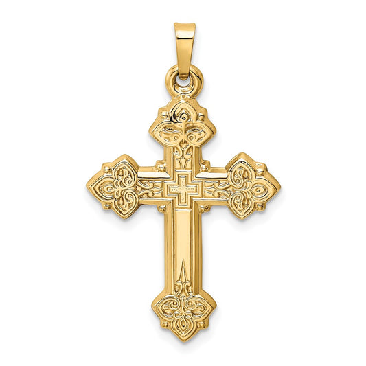 Million Charms 14K Yellow Gold Themed Budded Hollow Relgious Cross Pendant