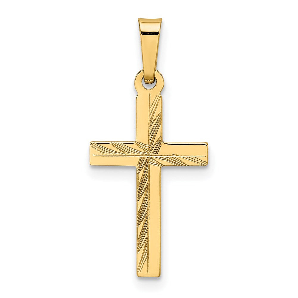 Million Charms 14K Yellow Gold Themed Diamond-Cut Small Hollow Relgious Cross Pendant