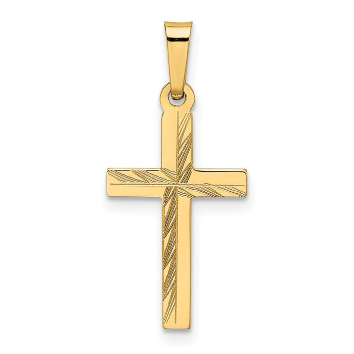 Million Charms 14K Yellow Gold Themed Diamond-Cut Small Hollow Relgious Cross Pendant