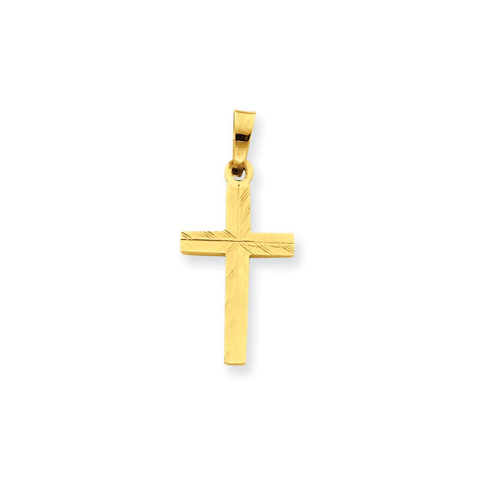 Million Charms 14K Yellow Gold Themed Diamond-Cut Small Hollow Relgious Cross Pendant