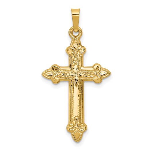 Million Charms 14K Yellow Gold Themed Fleur De Lis Relgious Cross Pendant