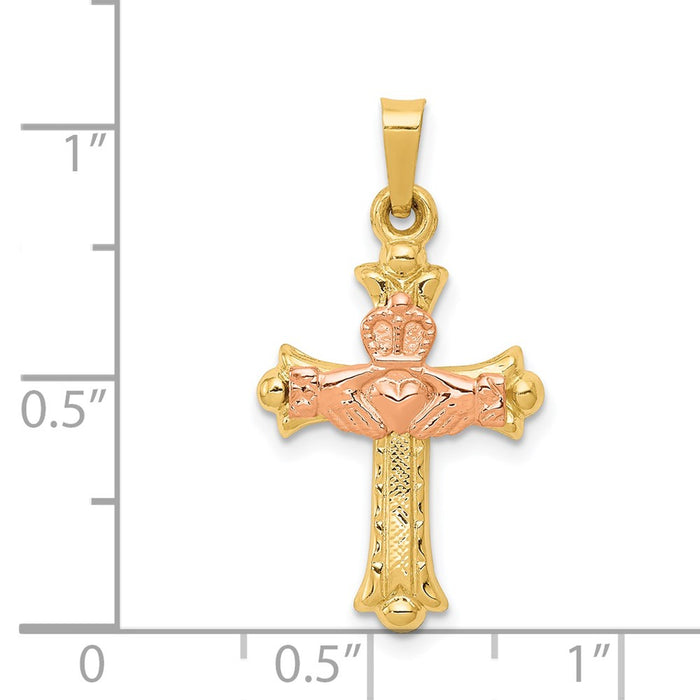 Million Charms 14K Two-Tone Claddagh Relgious Cross Pendant