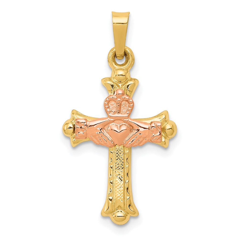 Million Charms 14K Two-Tone Claddagh Relgious Cross Pendant