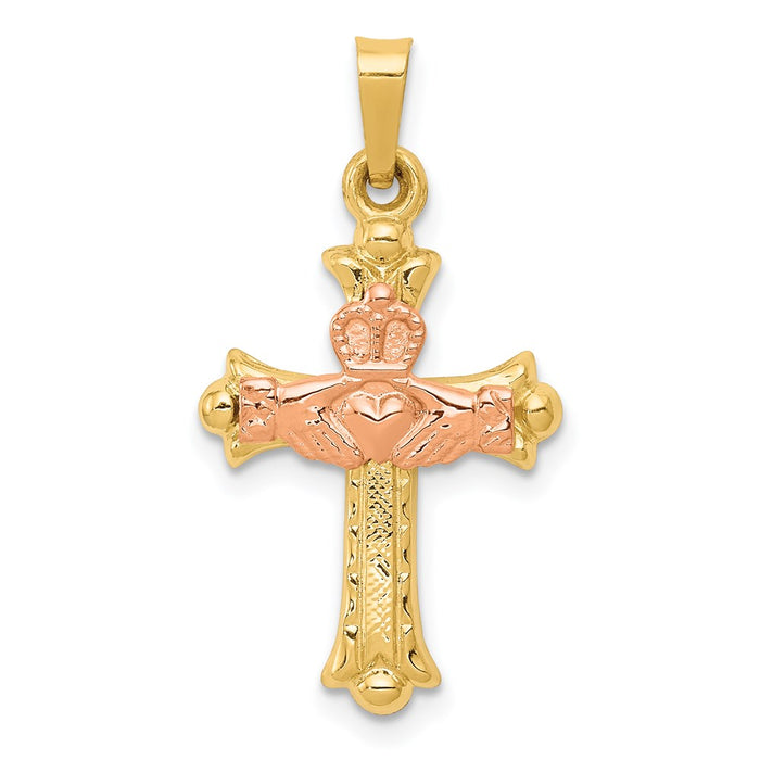 Million Charms 14K Two-Tone Claddagh Relgious Cross Pendant