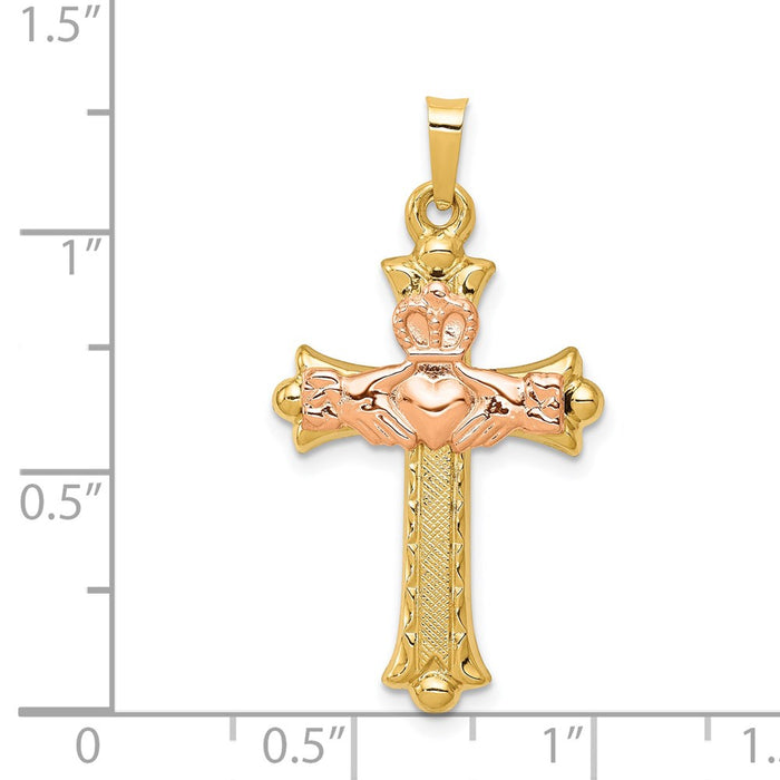 Million Charms 14K Two-Tone Claddagh Relgious Cross Pendant