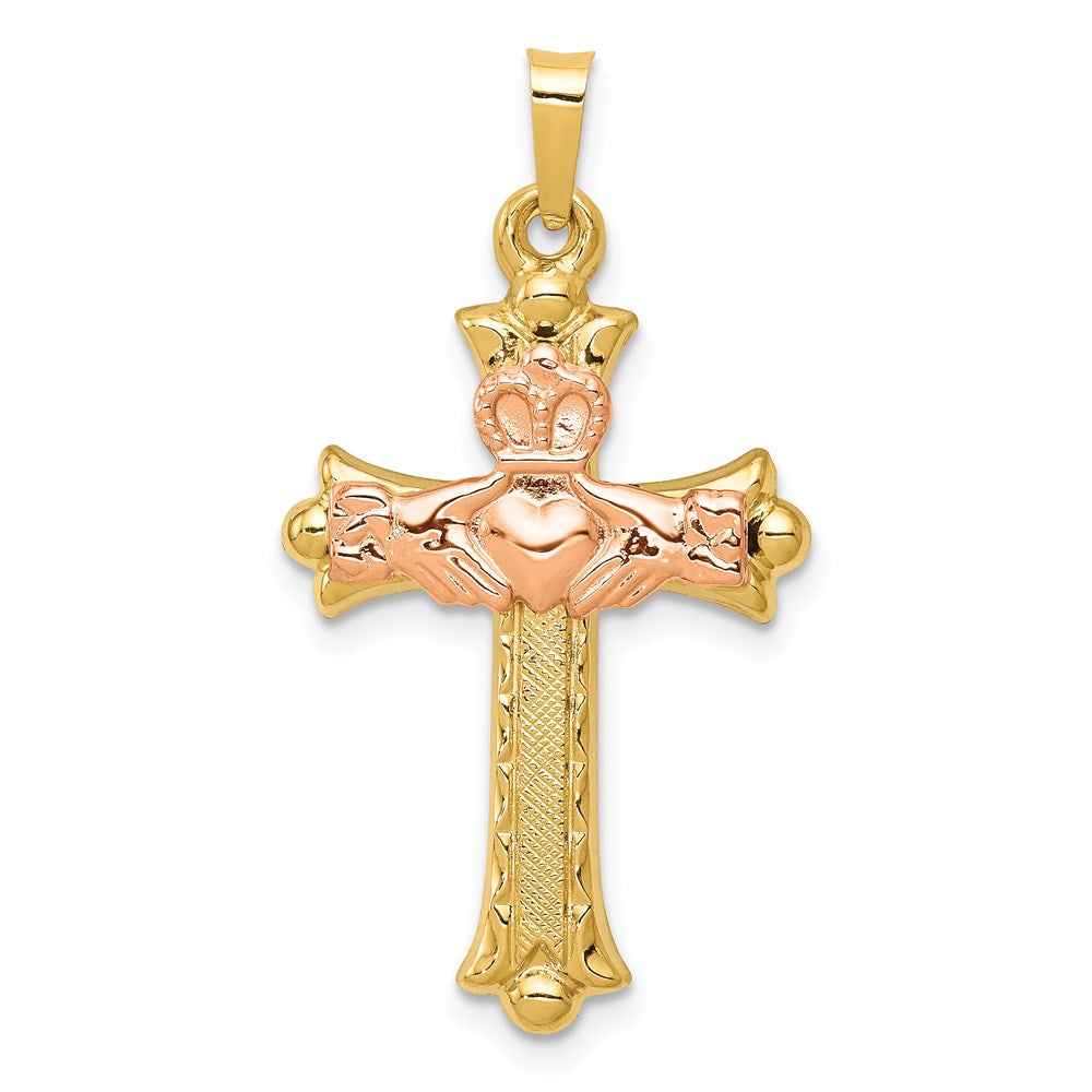 Million Charms 14K Two-Tone Claddagh Relgious Cross Pendant