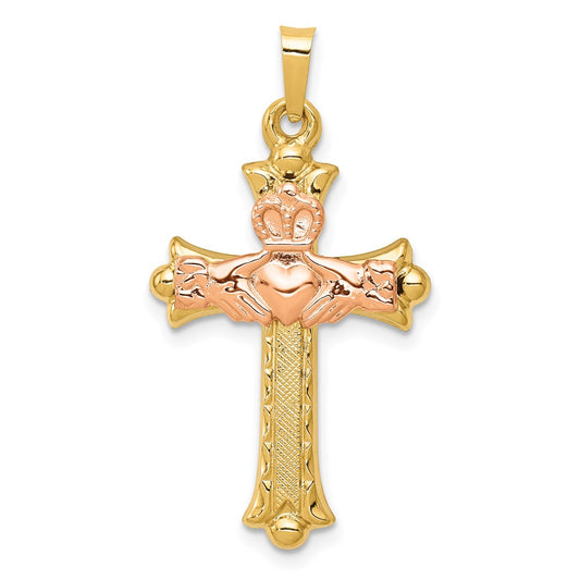 Million Charms 14K Two-Tone Claddagh Relgious Cross Pendant