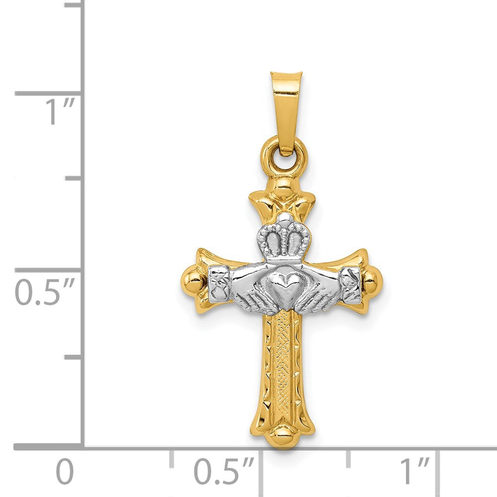 Million Charms 14K Two-Tone Claddagh Relgious Cross Pendant
