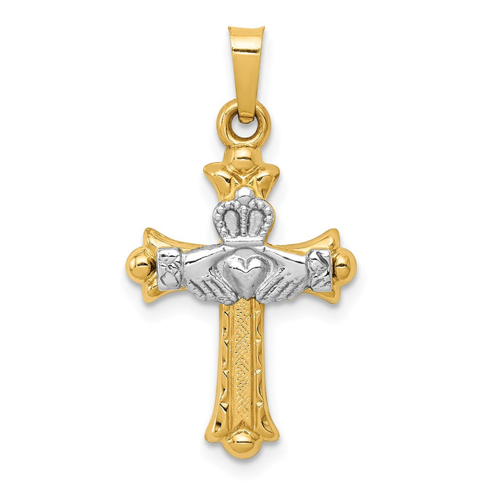 Million Charms 14K Two-Tone Claddagh Relgious Cross Pendant