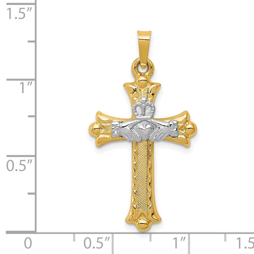 Million Charms 14K Two-Tone Claddagh Relgious Cross Pendant