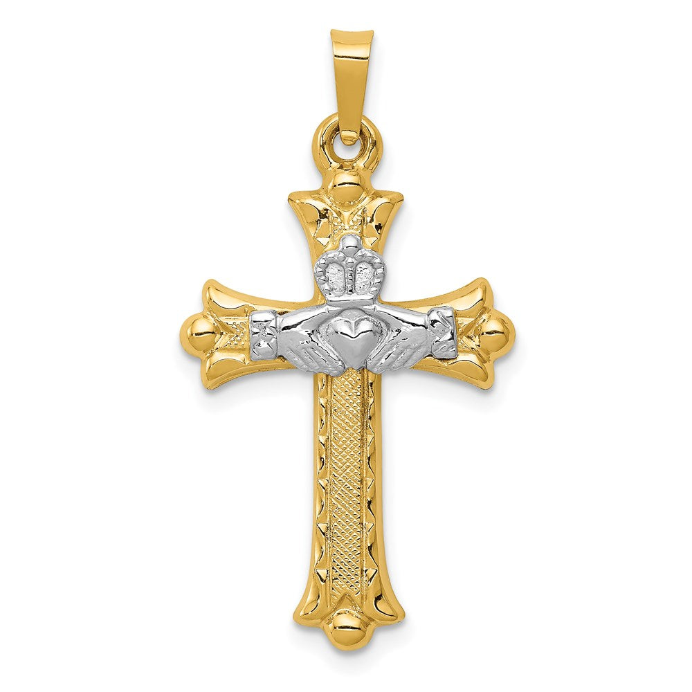 Million Charms 14K Two-Tone Claddagh Relgious Cross Pendant
