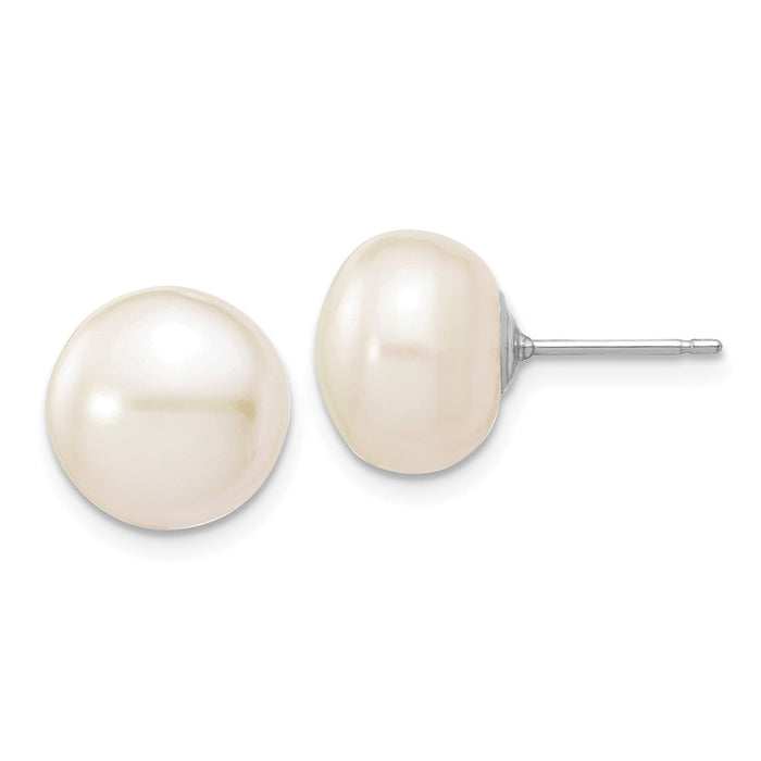 Million Charms 14k White Gold 10-11mmWhite Button Freshwater Cultured Pearl Stud Post Earrings, 10 to 11mm x 10 to 11mm