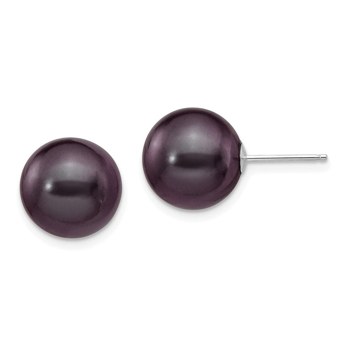 Million Charms 14k White Gold 10-11mm Black Round Freshwater Cultured Pearl Stud Post Earrings, 10 to 11mm x 10 to 11mm