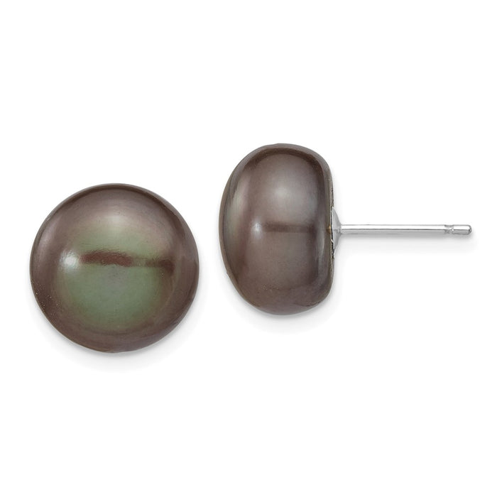 Million Charms 14k White Gold 11-12mm Black Button Freshwater Cultured Pearl Stud Post Earrings, 11 to 12mm x 11 to 12mm