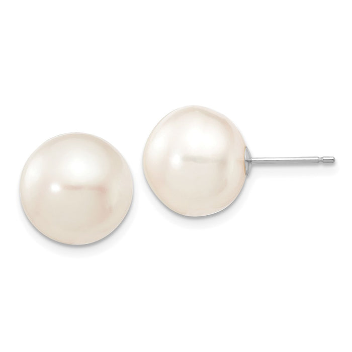 Million Charms 14k White Gold 11-12mm White Button Freshwater Cultured Pearl Stud Post Earrings, 11 to 12mm x 11 to 12mm