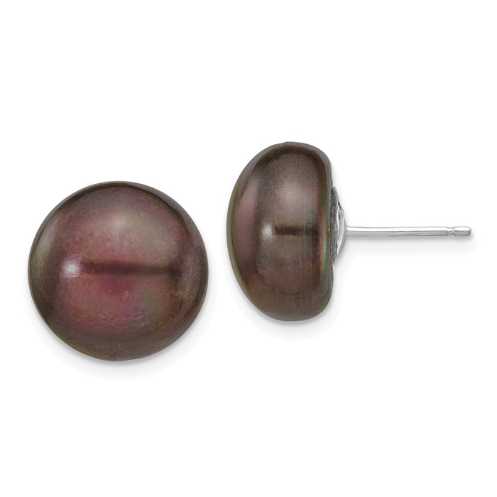Million Charms 14k White Gold 12-13mm Black Button Freshwater Cultured Pearl Stud Post Earrings, 12 to 13mm x 12 to 13mm
