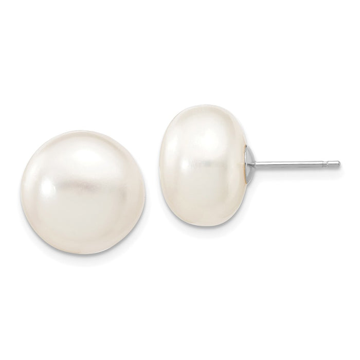Million Charms 14k White Gold 12-13mm White Button Freshwater Cultured Pearl Stud Post Earrings, 12 to 13mm x 12 to 13mm