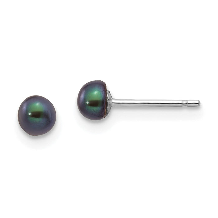 Million Charms 14k White Gold 3-4mm Black Button Freshwater Cultured Pearl Stud Post Earrings, 3 to 4mm x 3 to 4mm