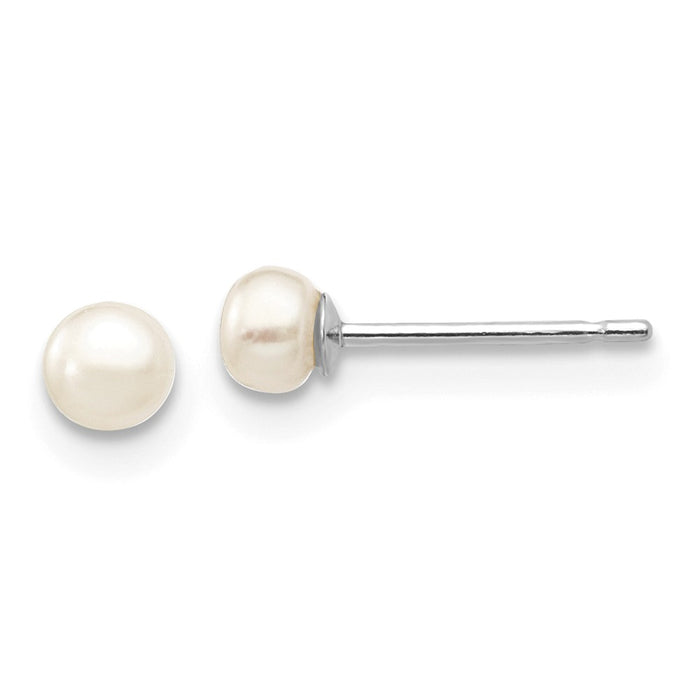 Million Charms 14k White Gold 3-4mm White Button Freshwater Cultured Pearl Stud Post Earrings, 3 to 4mm x 3 to 4mm
