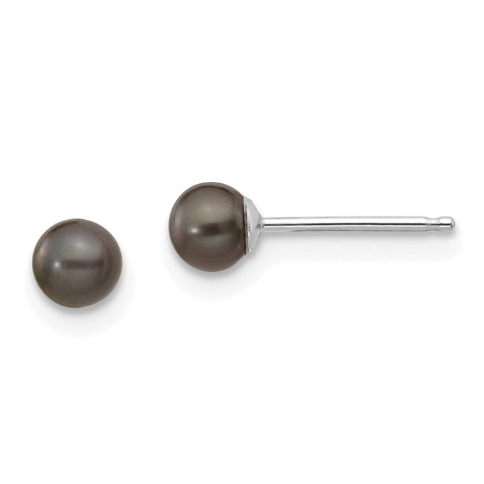 Million Charms 14k White Gold 3-4mm Black Round Freshwater Cultured Pearl Stud Post Earrings, 3 to 4mm x 3 to 4mm