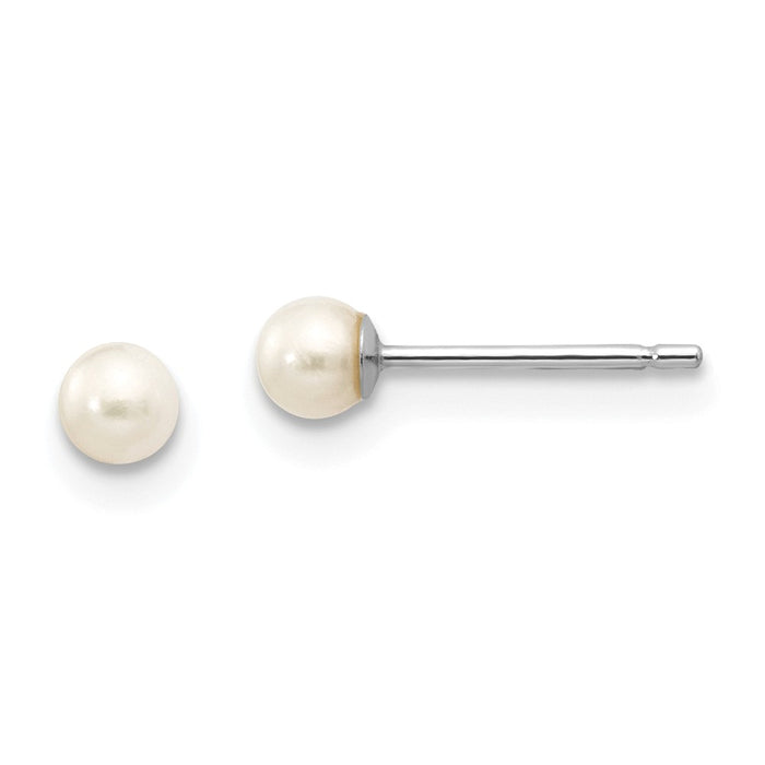 Million Charms 14k White Gold 3-4mm White Round Freshwater Cultured Pearl Stud Post Earrings, 3 to 4mm x 3 to 4mm