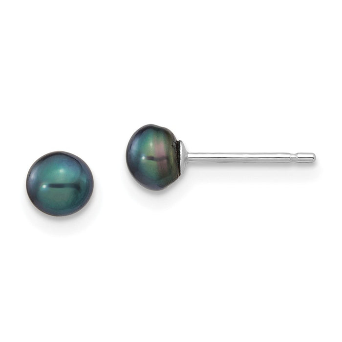 Million Charms 14k White Gold 4-5mm Black Button Freshwater Cultured Pearl Stud Post Earrings, 4 to 5mm x 4 to 5mm