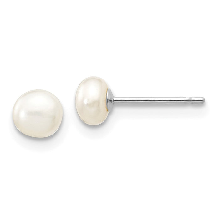 Million Charms 14k White Gold 4-5mm White Button Freshwater Cultured Pearl Stud Post Earrings, 4 to 5mm x 4 to 5mm