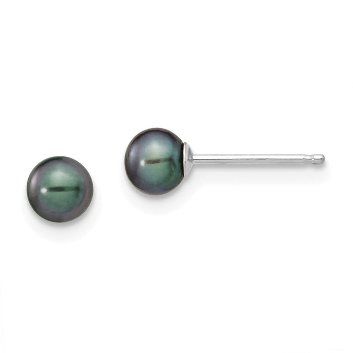Million Charms 14k White Gold 4-5mm Black Round Freshwater Cultured Pearl Stud Post Earrings, 4 to 5mm x 4 to 5mm
