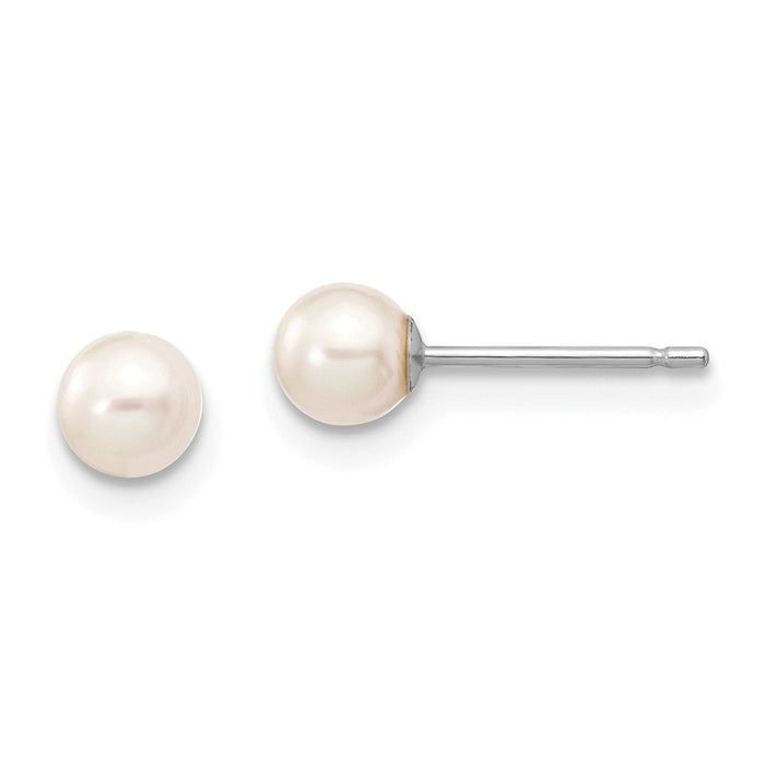 Million Charms 14k White Gold 4-5mm White Round Freshwater Cultured Pearl Stud Post Earrings, 4 to 5mm x 4 to 5mm