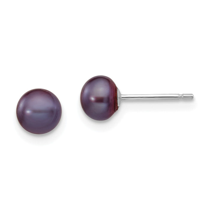 Million Charms 14k White Gold 5-6mm Black Button Freshwater Cultured Pearl Stud Post Earrings, 5 to 6mm x 5 to 6mm