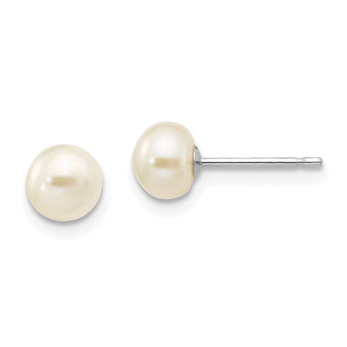 Million Charms 14k White Gold 5-6mm White Button Freshwater Cultured Pearl Stud Post Earrings, 5 to 6mm x 5 to 6mm