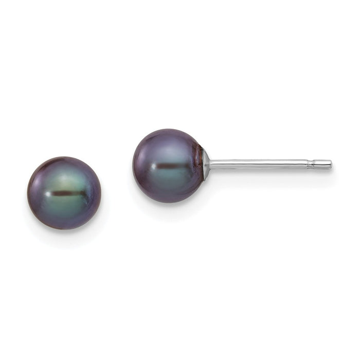 Million Charms 14k White Gold 5-6mm Black Round Freshwater Cultured Pearl Stud Post Earrings, 5 to 6mm x 5 to 6mm