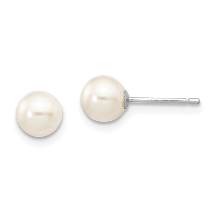 Million Charms 14k White Gold 5-6mm White Round Freshwater Cultured Pearl Stud Post Earrings, 5 to 6mm x 5 to 6mm